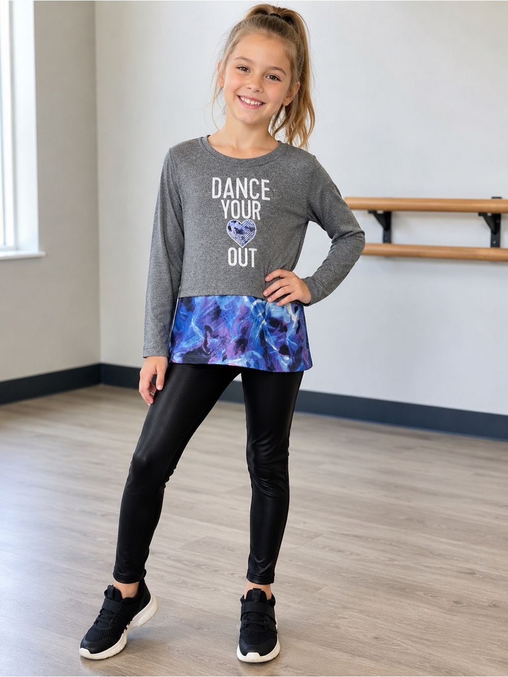 Place Gray Long-Sleeve Top with Blue Printed Hem